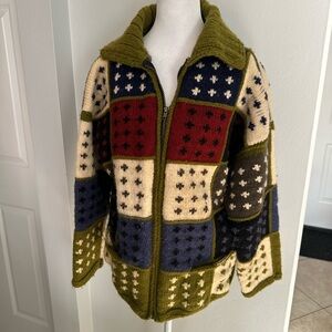 Handmade Tejidos Imalaya Wool Patchwork Zip Sweater Jacket Otavalo Ecuador L
